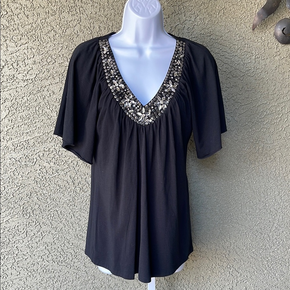 NWT Kenar Black Embellished V-Neck Blouse
